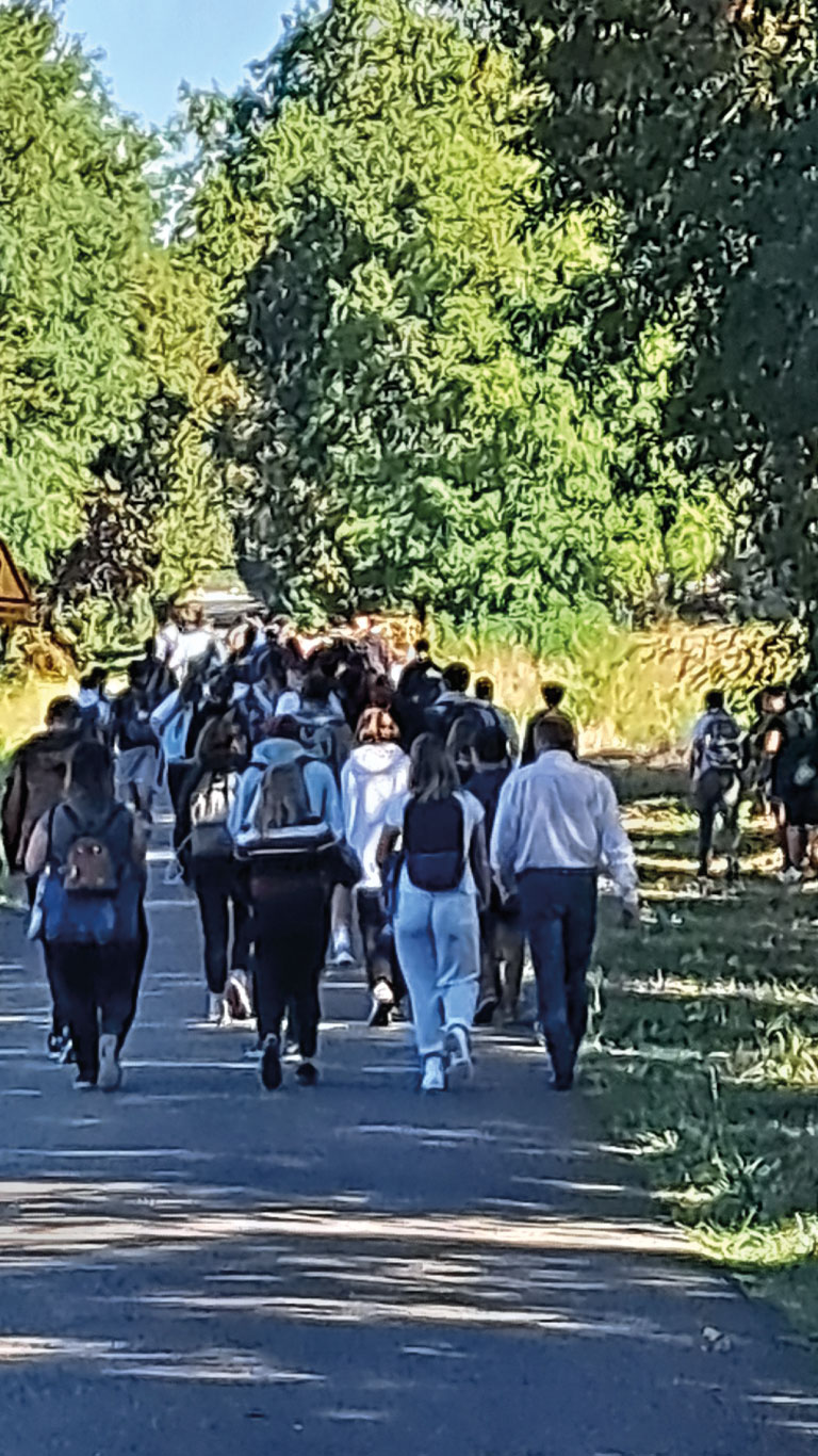 élèves marchant sur une route dans la nature